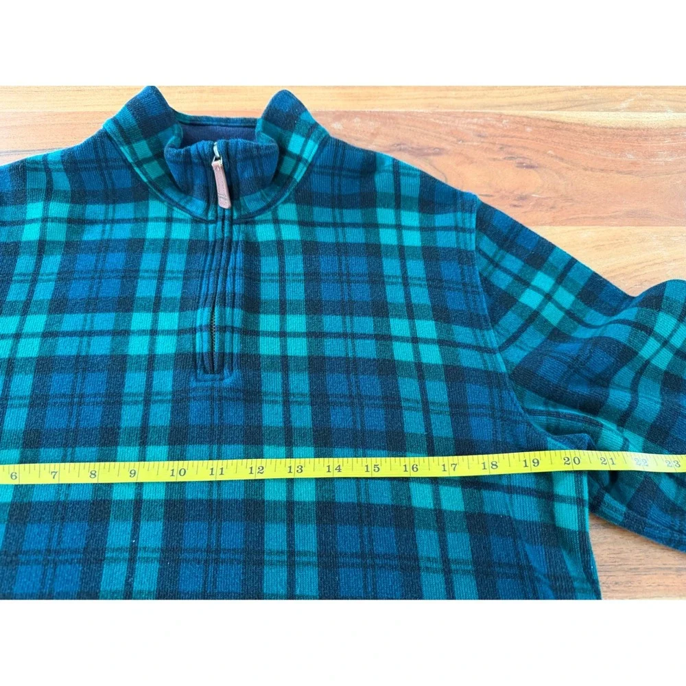 Lands End Mens Medium Plaid Quarter Zip Pullover Green Navy Blue 100% Cotton